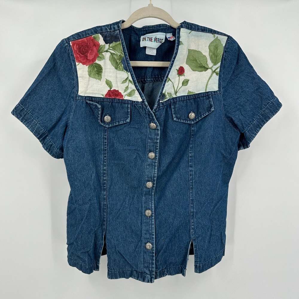 Womens Vintage Denim Jacket Size 16‎ Floral Cottagecore Rose Print Shabby Chic